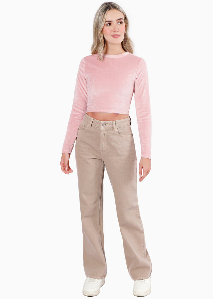 Blusa crop manga larga con abertura y anudado en espalda color rosado para mujer - Flashy