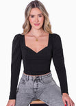 Blusa crop manga larga con escote cuadrado color negro para mujer - Flashy
