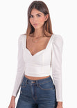 Blusa crop manga larga con escote cuadrado color blanco, marfil para mujer - Flashy