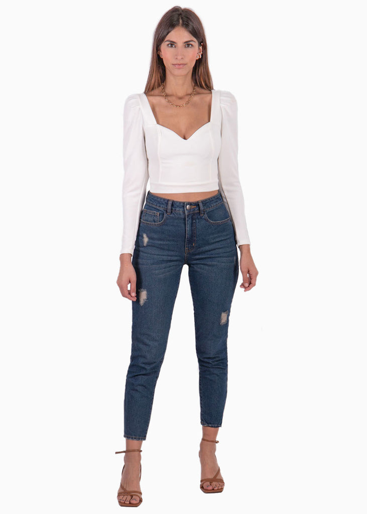 Blusa crop manga larga con escote cuadrado color blanco, marfil para mujer - Flashy