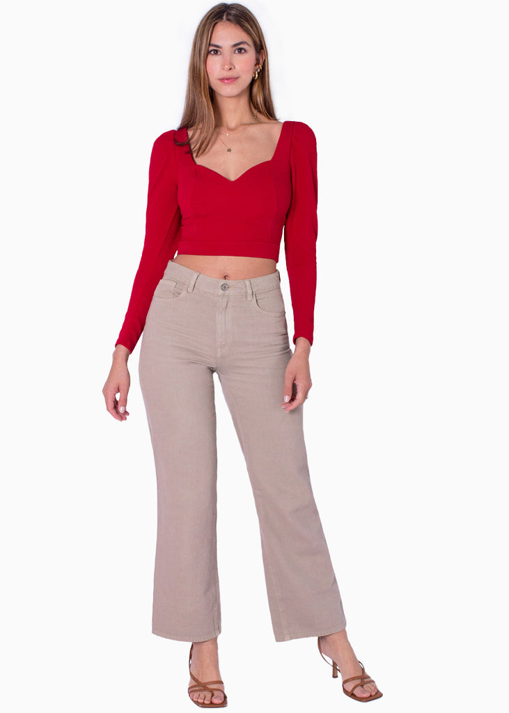 Blusa crop manga larga con escote cuadrado color rojo para mujer - Flashy