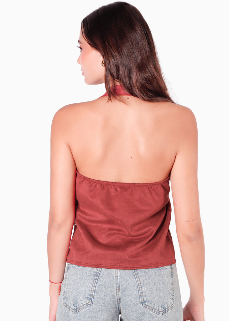 Blusa cuello halter con broches en escote color vino para mujer - Flashy