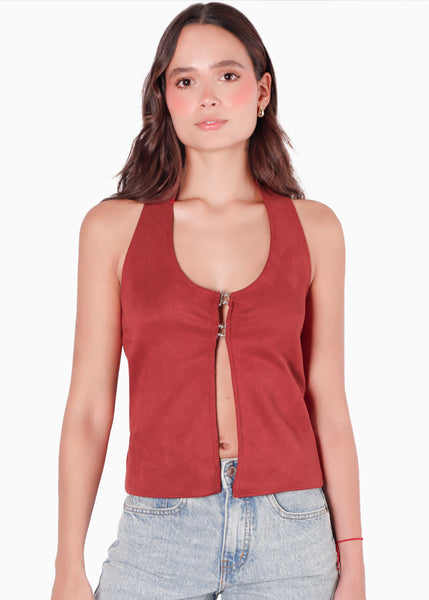 Blusa cuello halter con broches en escote color vino para mujer - Flashy