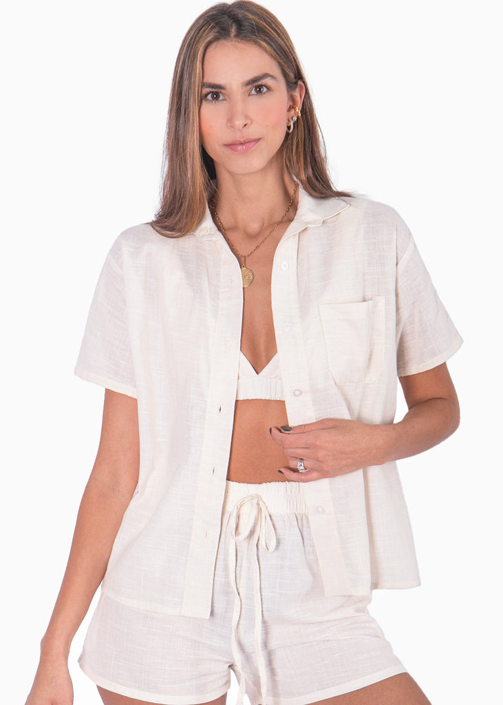 Blusa de botones manga corta color marfil, blanco para mujer - Flashy
