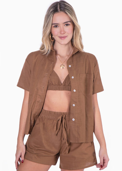 Blusa de botones manga corta color café para mujer - Flashy