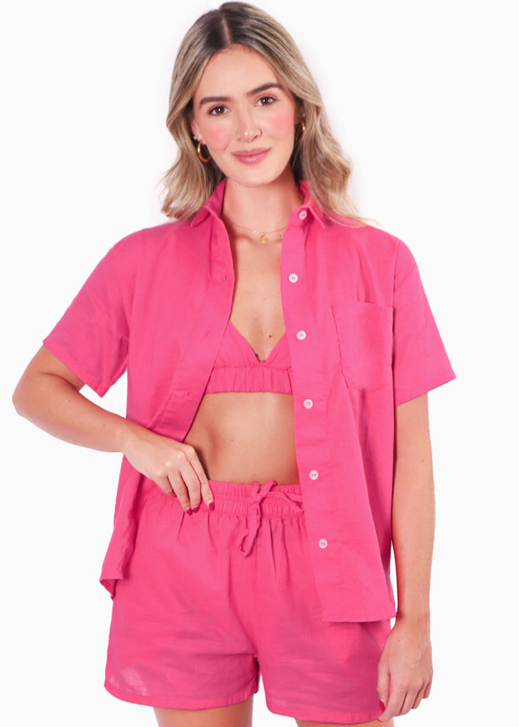 Blusa de botones manga corta color fucsia, rosado para mujer - Flashy