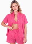 Blusa de botones manga corta color fucsia, rosado para mujer - Flashy