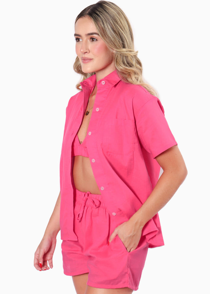 Blusa de botones manga corta color fucsia, rosado para mujer - Flashy