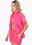 Blusa de botones manga corta color fucsia, rosado para mujer - Flashy
