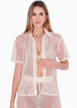 Blusa de botones manga corta y de malla color beige para mujer - Flashy