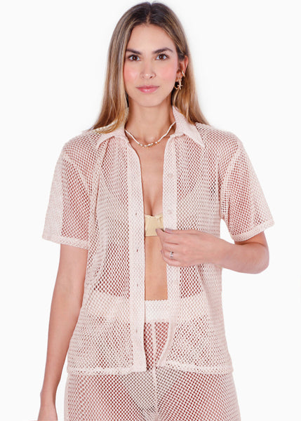 Blusa de botones manga corta y de malla color beige para mujer - Flashy