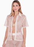 Blusa de botones manga corta y de malla color beige para mujer - Flashy