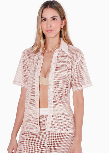 Blusa de botones manga corta y de malla color beige para mujer - Flashy