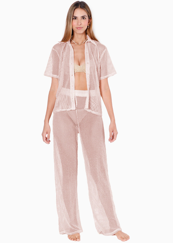 Blusa de botones manga corta y de malla color beige para mujer - Flashy