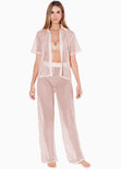 Blusa de botones manga corta y de malla color beige para mujer - Flashy