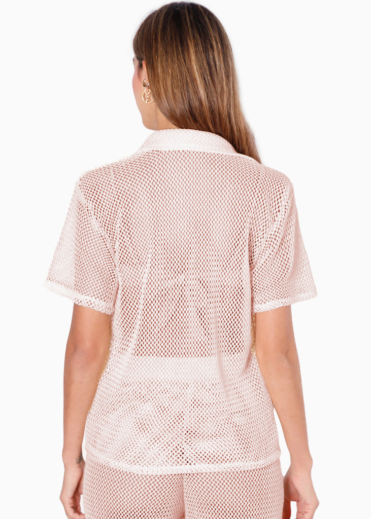 Blusa de botones manga corta y de malla color beige para mujer - Flashy