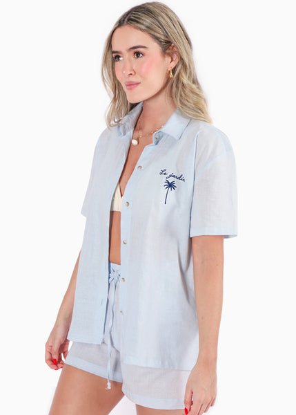Blusa de botones tipo lino manga corta color azul para mujer - Flashy