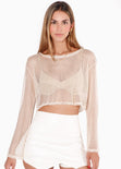 Blusa de malla manga larga con efecto brillo color beige para mujer - Flashy