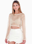 Blusa de malla manga larga con efecto brillo color beige para mujer - Flashy