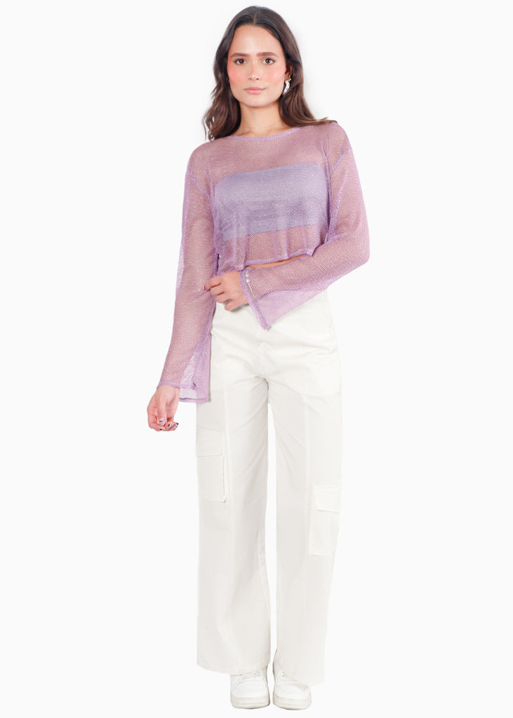 Blusa de malla manga larga con efecto brillo color lila para mujer - Flashy