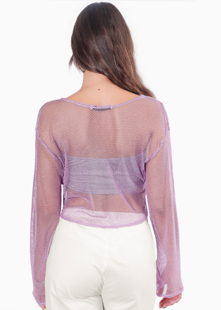 Blusa de malla manga larga con efecto brillo color lila para mujer - Flashy