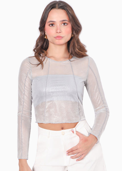 Blusa de malla manga larga con top bandeau interno color plateado para mujer - Flashy
