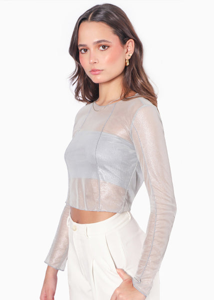 Blusa de malla manga larga con top bandeau interno color plateado para mujer - Flashy