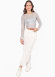 Blusa de malla manga larga con top bandeau interno color plateado para mujer - Flashy