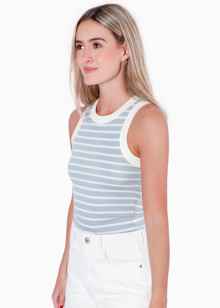 Blusa de rayas sin mangas con cuello halter color azul para mujer - Flashy