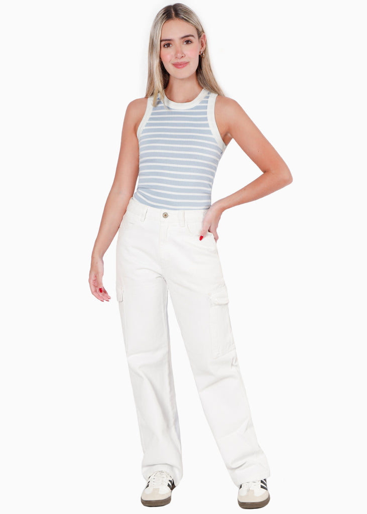 Blusa de rayas sin mangas con cuello halter color azul para mujer - Flashy