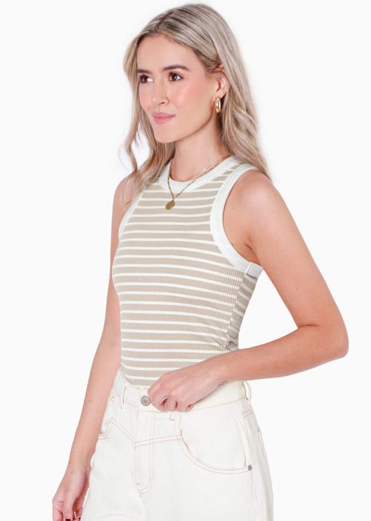 Blusa de rayas sin mangas con cuello halter color beige para mujer - Flashy