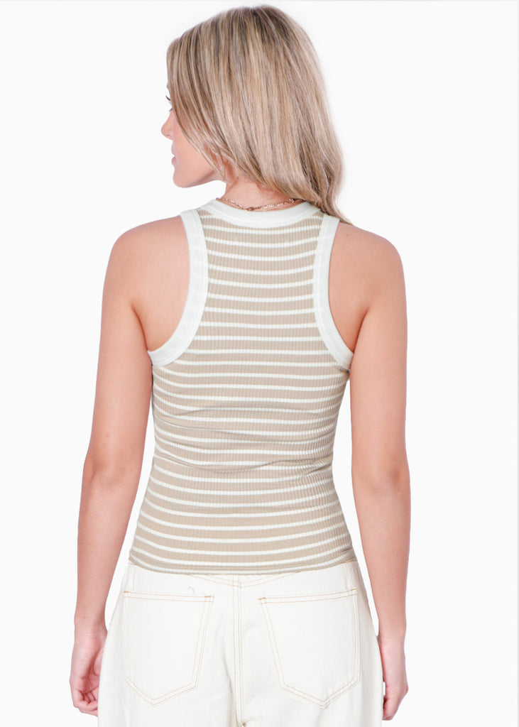 Blusa de rayas sin mangas con cuello halter color beige para mujer - Flashy