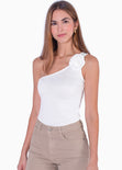 Blusa de un solo hombro con aplique de flor color marfil para mujer - Flashy
