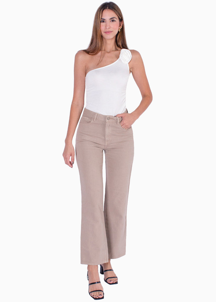 Blusa de un solo hombro con aplique de flor color marfil para mujer - Flashy