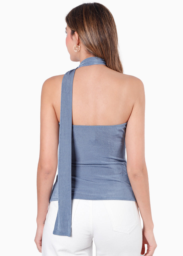 Blusa de un solo hombro con pañoleta color azul para mujer - Flashy