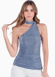 Blusa de un solo hombro con pañoleta color azul para mujer - Flashy