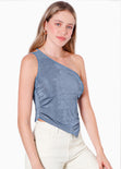 Blusa de un solo hombro con ruedo asimétrico color azul para mujer - Flashy