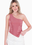Blusa de un solo hombro con ruedo asimétrico color rosado para mujer - Flashy