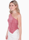 Blusa de un solo hombro con ruedo asimétrico color rosado para mujer - Flashy