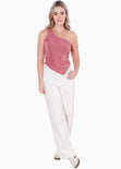 Blusa de un solo hombro con ruedo asimétrico color rosado para mujer - Flashy