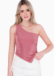 Blusa de un solo hombro con ruedo asimétrico color rosado para mujer - Flashy