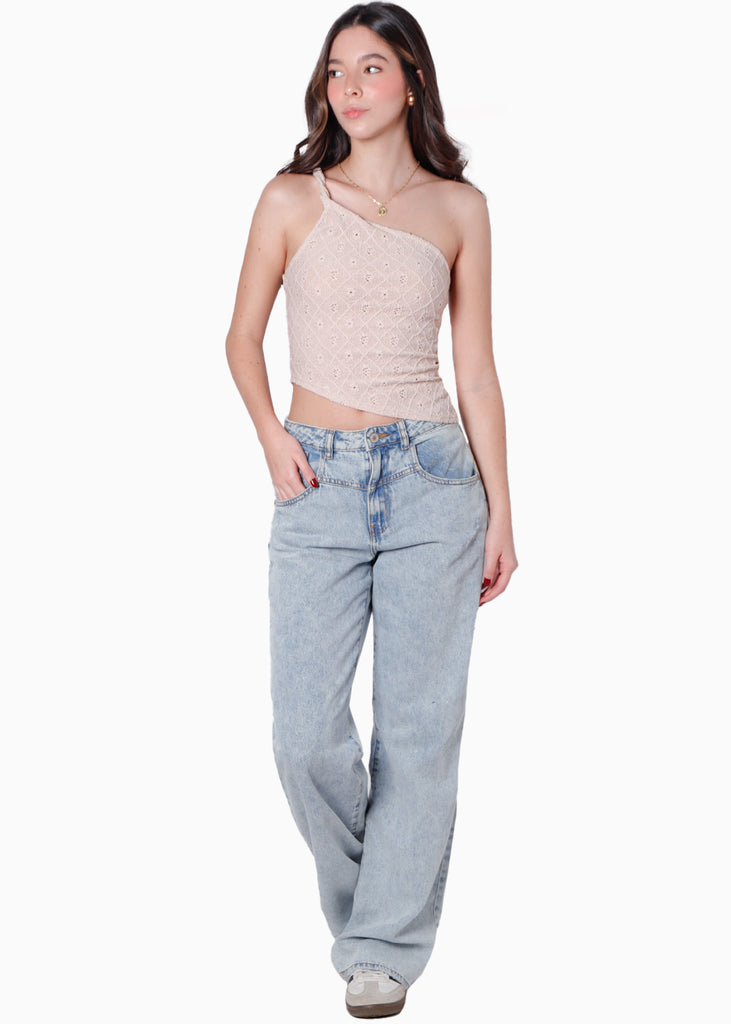 Blusa de un solo hombro color beige para mujer - Flashy