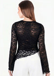 Blusa en encaje con manga campana y ruedo asimetrico - SEGOVIA.NEGRO