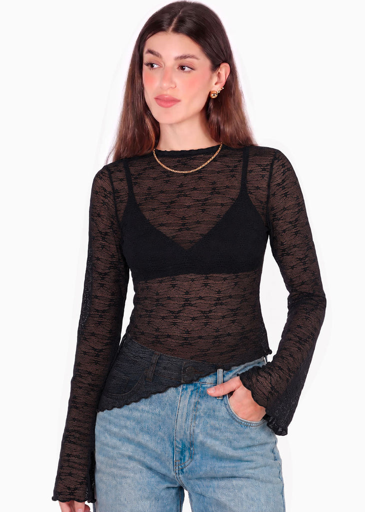 Blusa en encaje con manga campana y ruedo asimetrico - GALAPAGOS.NEGRO