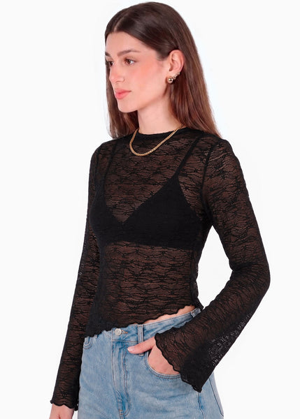 Blusa en encaje con manga campana y ruedo asimetrico - GALAPAGOS.NEGRO