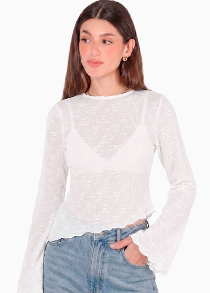 Blusa en encaje con manga campana y ruedo asimetrico - GALAPAGOS