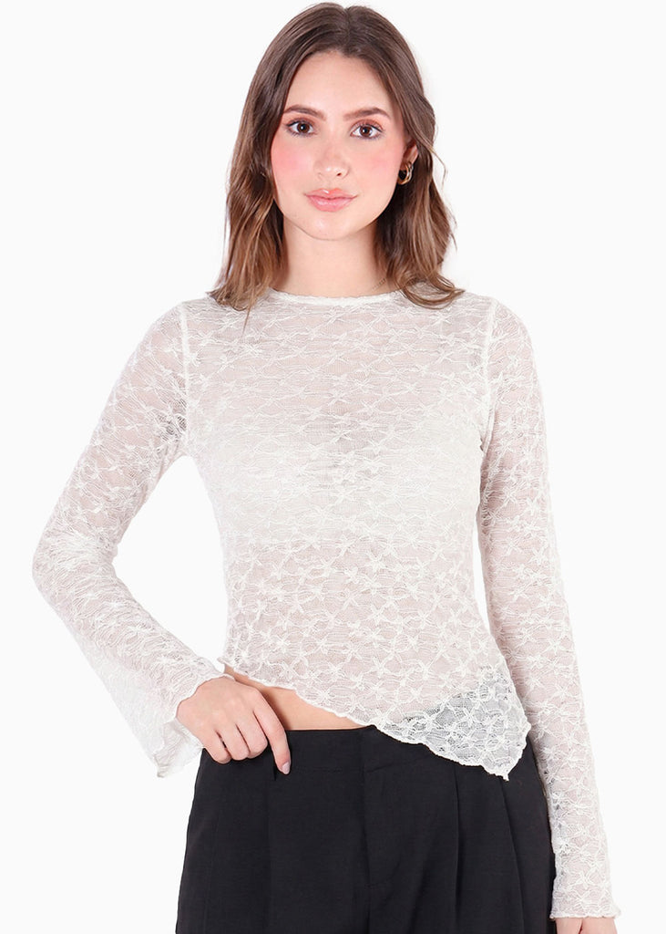 Blusa en encaje con manga campana y ruedo asimétrico - SEGOVIA.MARFIL