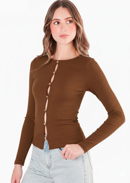 Blusa en rib con vivo en contraste en escote - CINNIA.CAFE