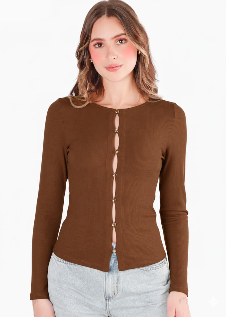 Blusa en rib con vivo en contraste en escote - CINNIA.CAFE