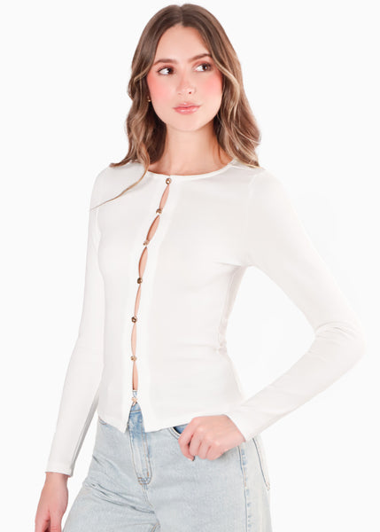 Blusa en rib con vivo en contraste en escote color blanco, marfil para mujer - Flashy